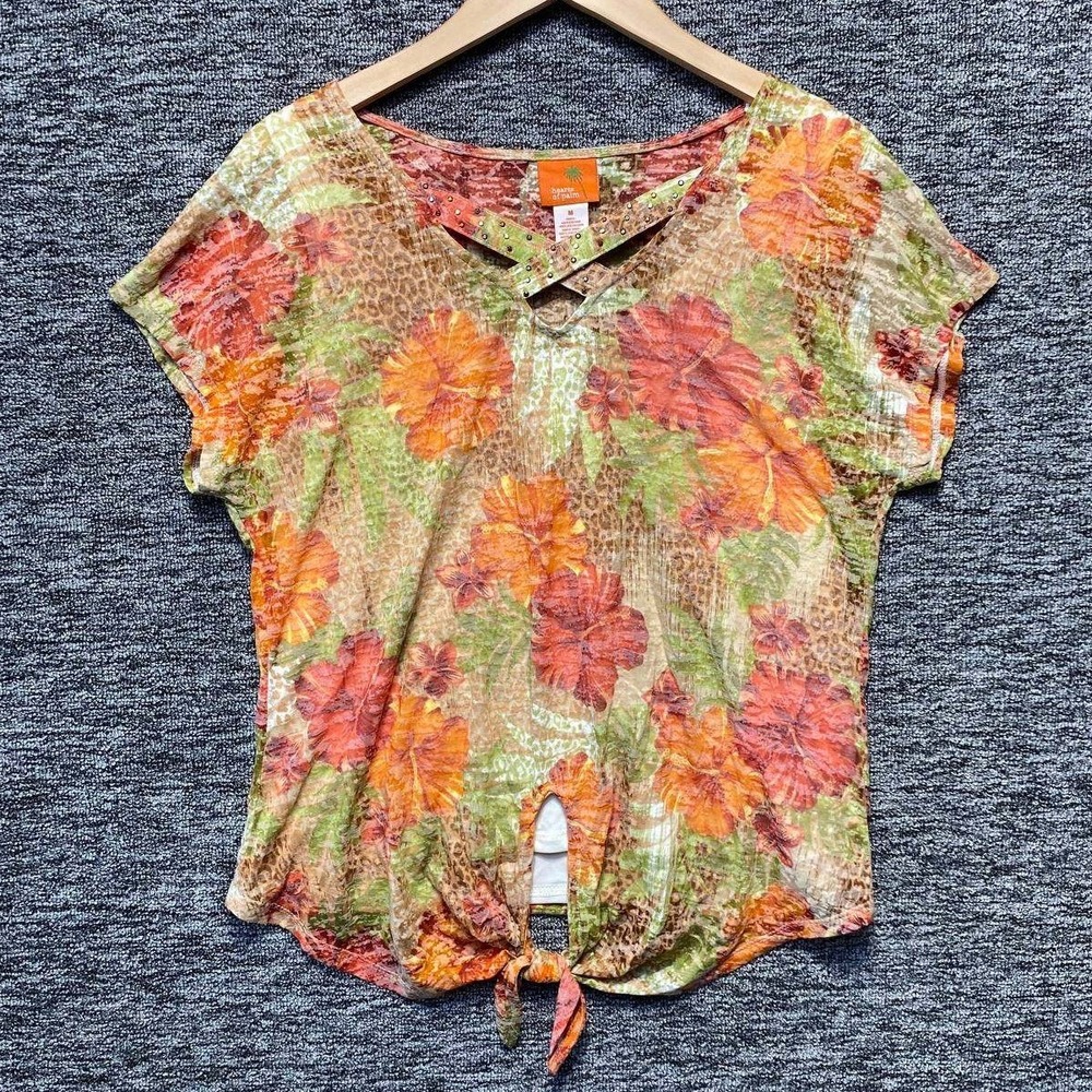 Hearts of Palm Tropical Top Women Medium Orange Floral Animal Print Tie Studded